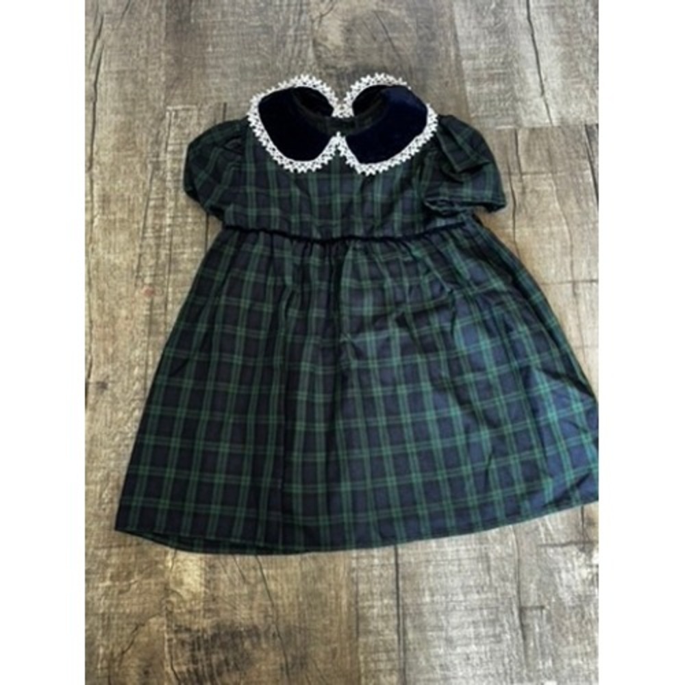 Vintage Youngland Girls Green Navy Blue Plaid Velvet Lace Collar  Dress Size 3T